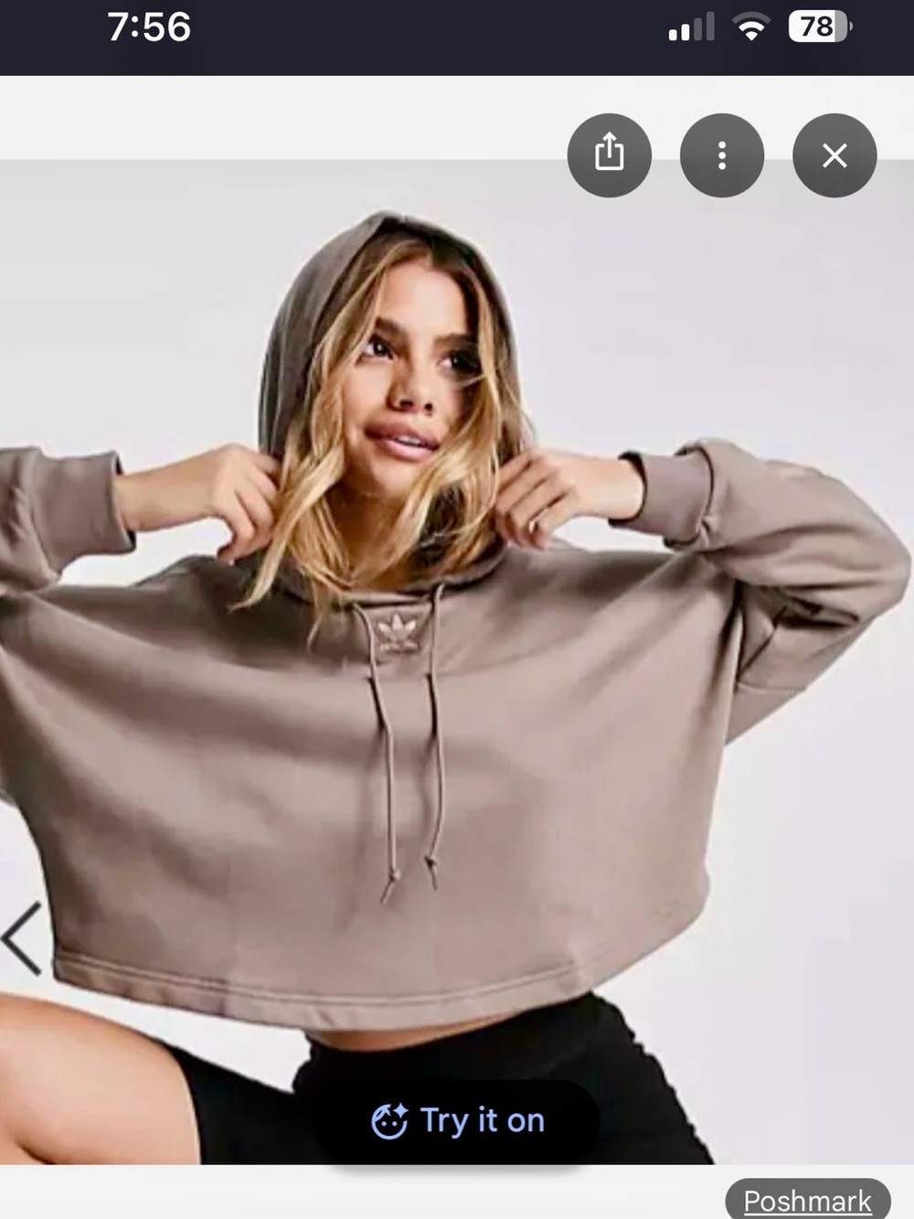 Adidas Cropped Taupe Hoodie Sweatshirt with trefoil logo/sleeves- Women 1X